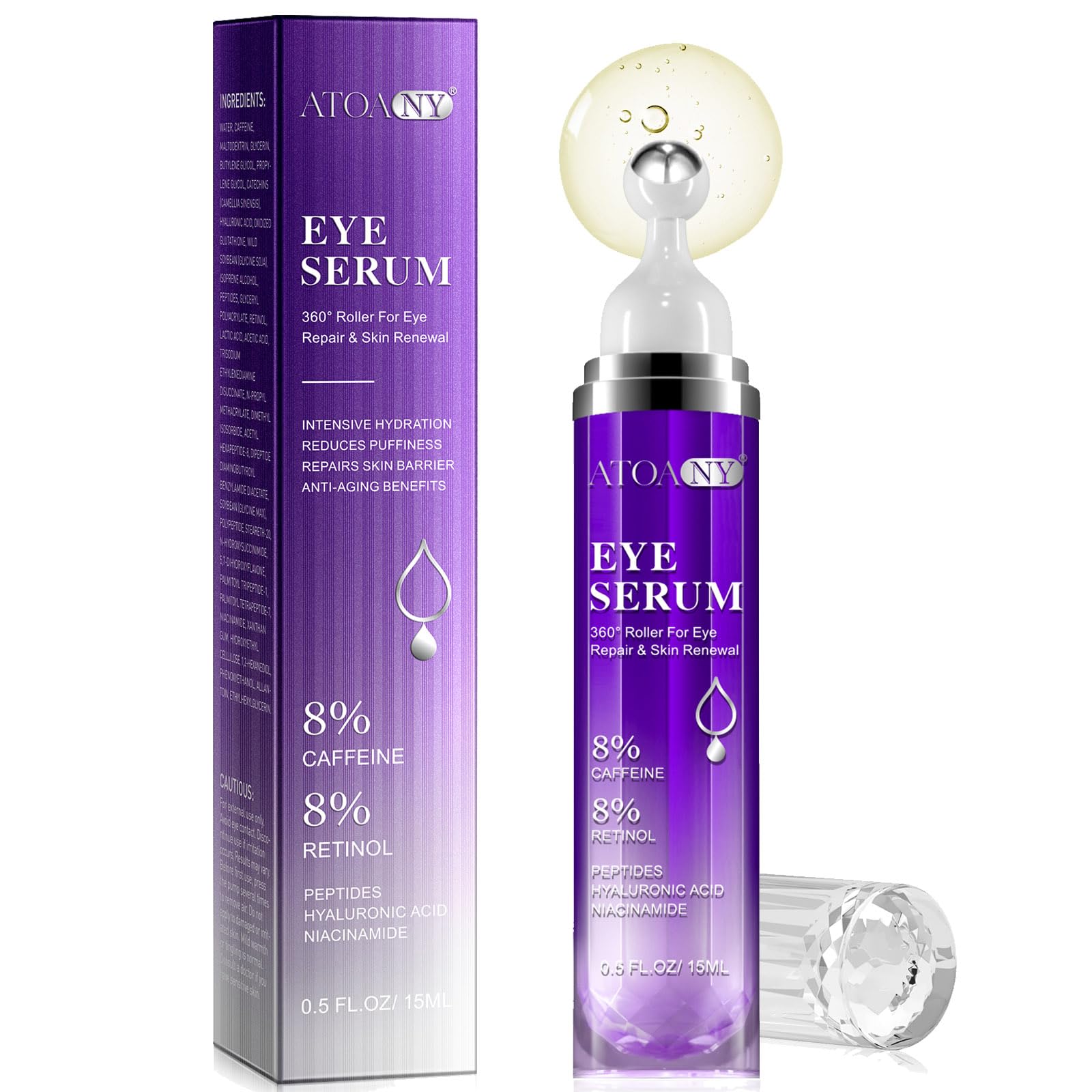 Eye Serum for Dark Circles and Puffiness with 8% Caffeine 8% Retinol Hyaluronic Acid Niacinamide, Under Eye Cream Anti Aging for Puffiness and Bags with 360° Eye Roller Ball for Women & Men