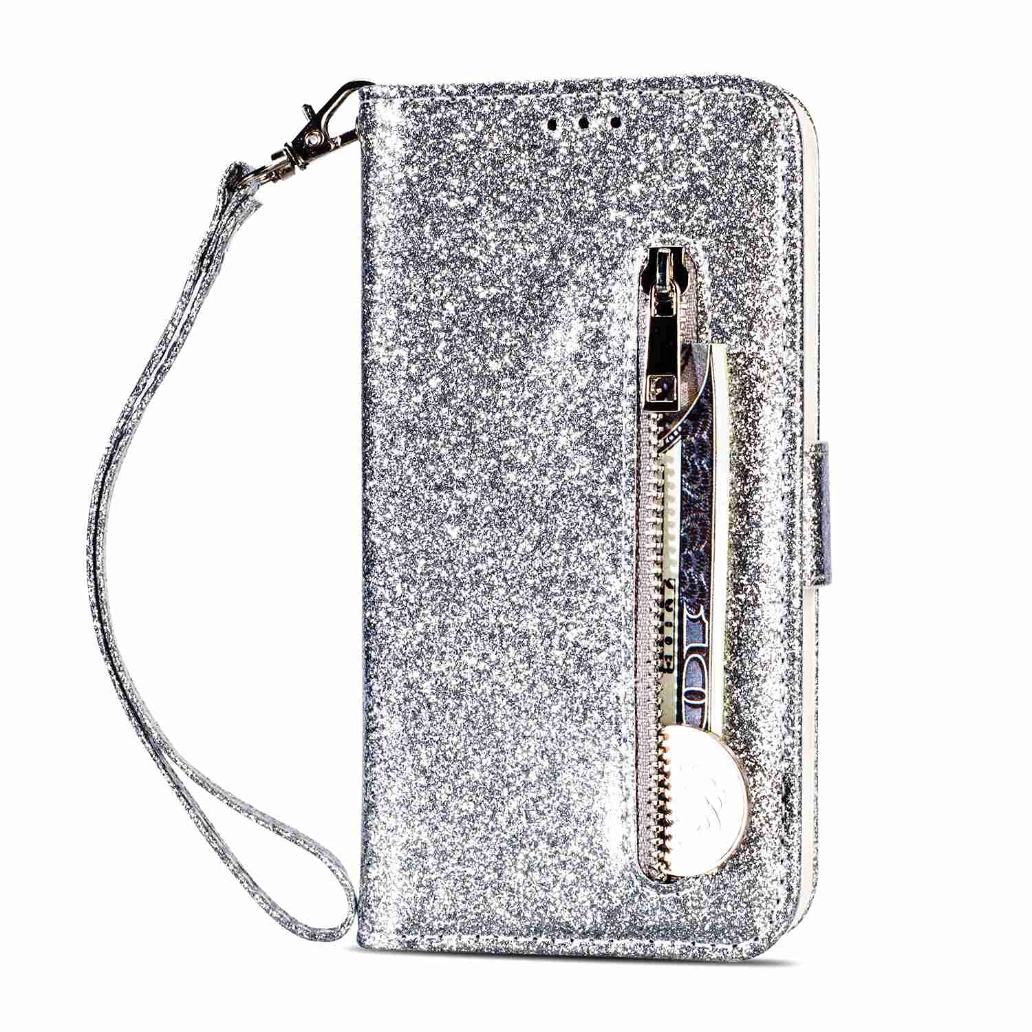 Samsung Galaxy S20 FE 2022 Case, S20 FE 5G Case Wallet, S20 FE Phone Case, Glitter Shiny Zipper Pocket Handbag Case Flip PU Leather 3 Card Holder with Wrist Strap Case Cover for Girls Women, Sliver