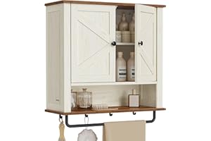 VASAGLE LIRY Collection - Bathroom Wall Cabinet, Farmhouse Wall-Mounted Medicine Storage Cabinet with 2 Barn Doors, Adjustable Shelf, Towel Bar, 7.9 x 23.6 x 28.7 Inches, Rustic White UBBK131W01S