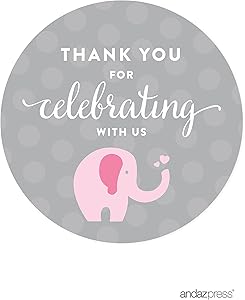 Andaz Press Pink Girl Elephant Baby Shower Collection, Round Circle Label Stickers, Thank You for Celebrating with US!, 40-Pack