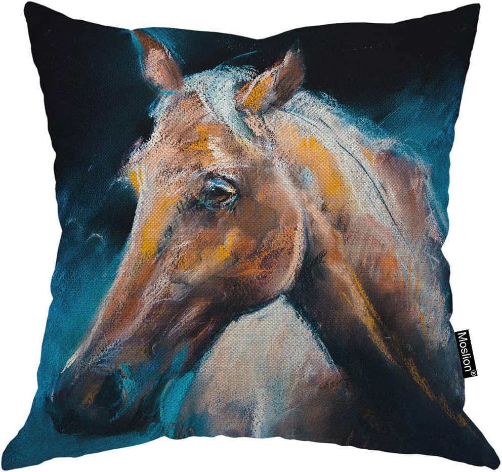 Moslion Horse Pillows Watercolor Painting Wild Animals Brown Horses Head Throw Pillow Cover Decorative Pillow Case Square Cushion Accent Canvas Cotton Linen Home 18x18 Inch