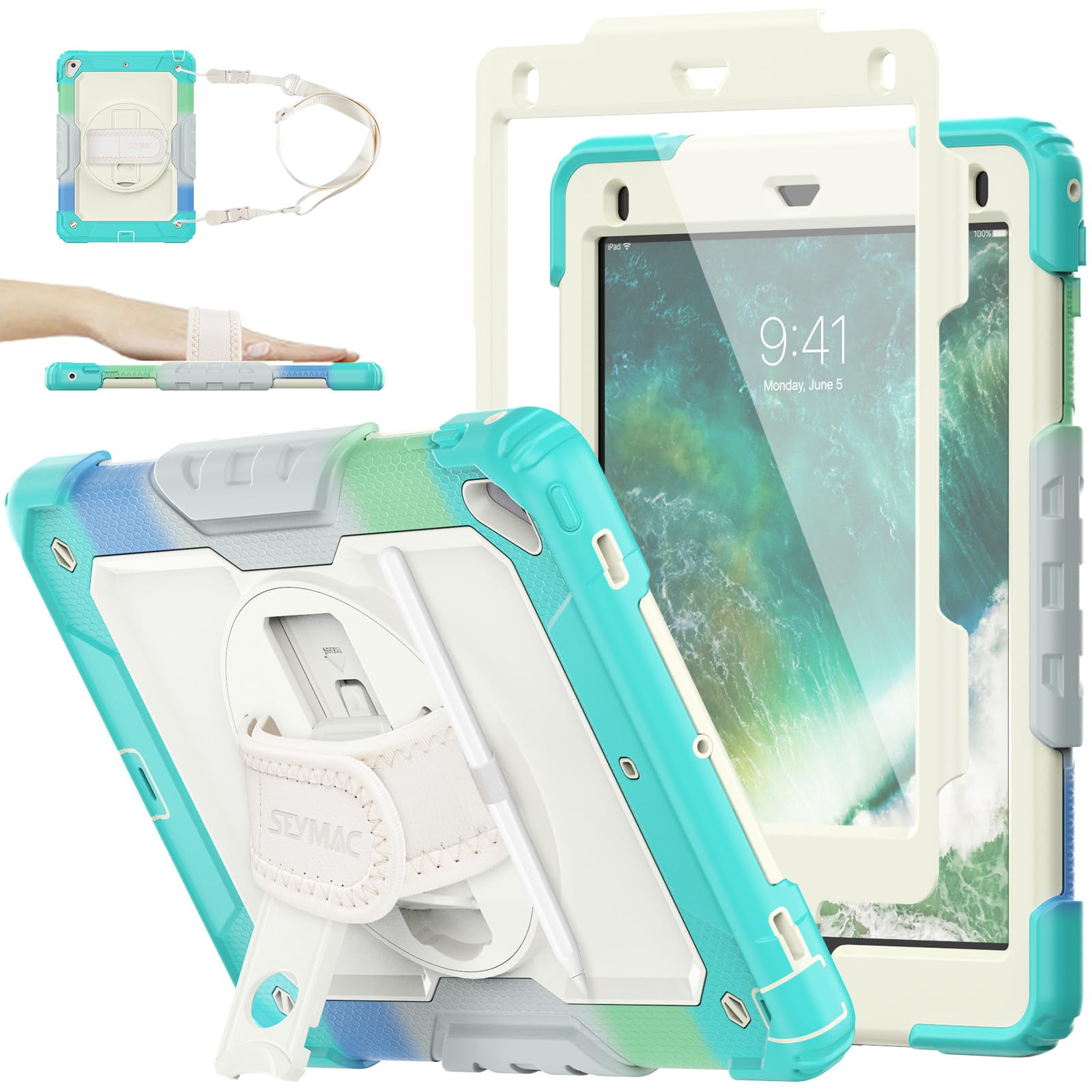 SEYMAC stock Case for iPad 6th/5th Generation/Air 2 / Pro 9.7 inch, Heavy Duty Shockproof Cover with Screen Protector, 360° Rotating Stand/Hand Strap & Pencil Holder for iPad 9.7 Case, Camo+Skyblue