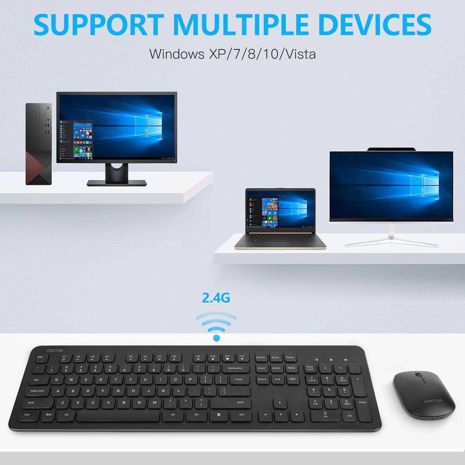 OMOTON Wireless Keyboard and Mouse Combo, 2.4GHz Ultra Thin Full-Size Wireless Keyboard and Mouse for Computer, PC, Desktop, Laptop with Windows XP / 7/8 / 10 / Vista, Black: Computers & Accessories