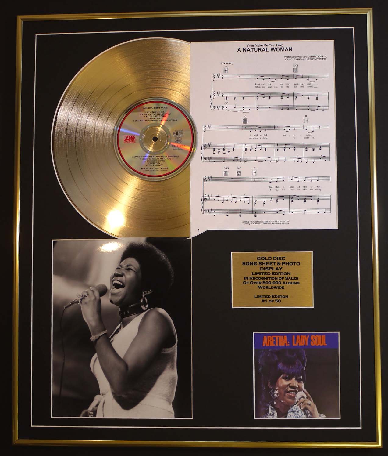 ARETHA FRANKLING/CD GOLD DISC, SONG SHEET & PHOTO DISPLAY/LTD. EDITION/COA/ALBUM LADY SOUL/SONG SHEET, A NATURAL WOMAN