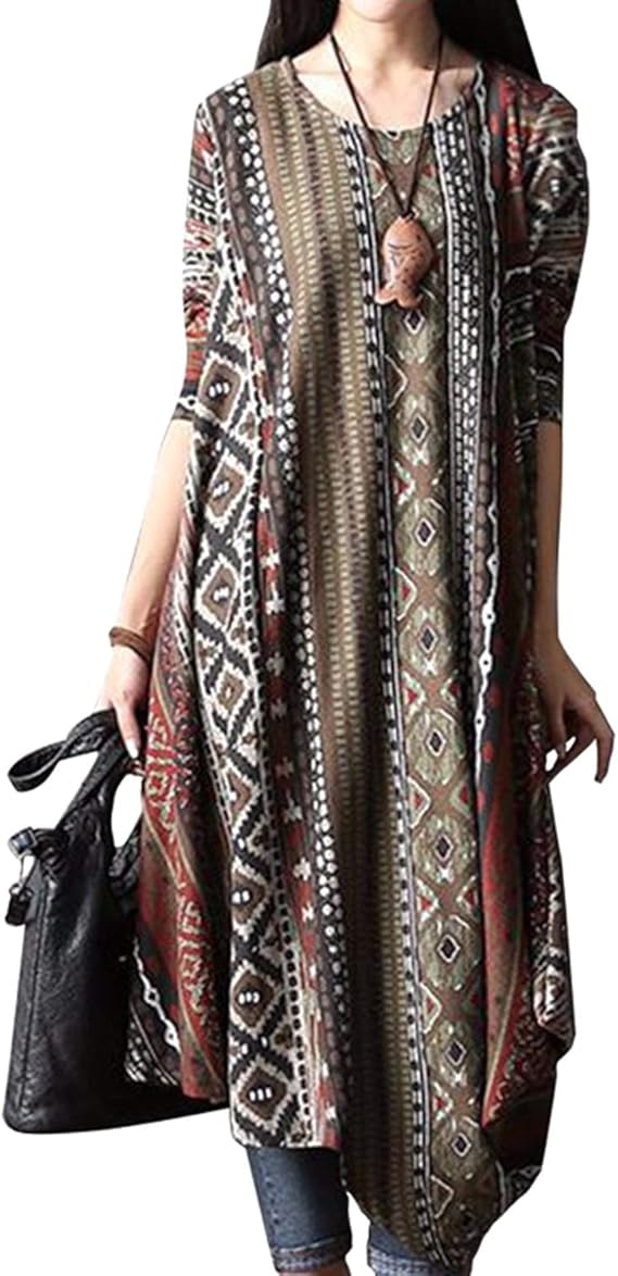 ZANZEA Ladies Cotton Slub Round Neck Two-Layer A-line Baggy Vintage Long Maxi Dress at Amazon 