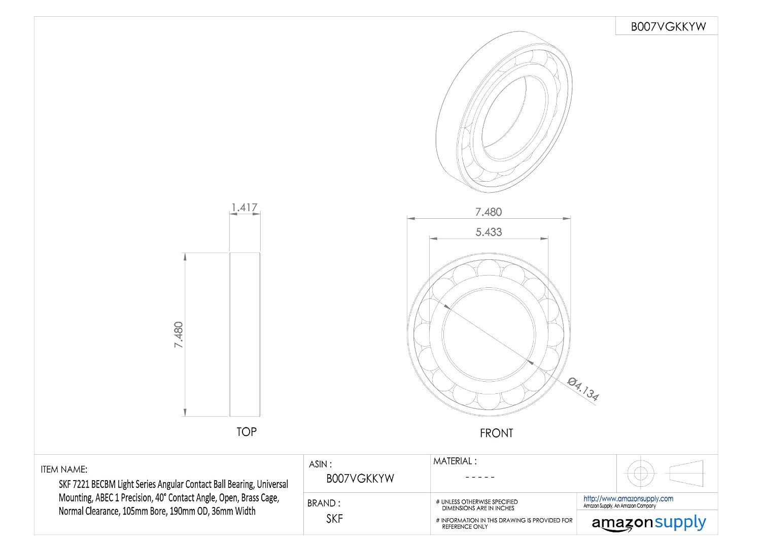 SKF 7221 BECBM Angular Contact Radial Ball Bearing, steel - Image 3