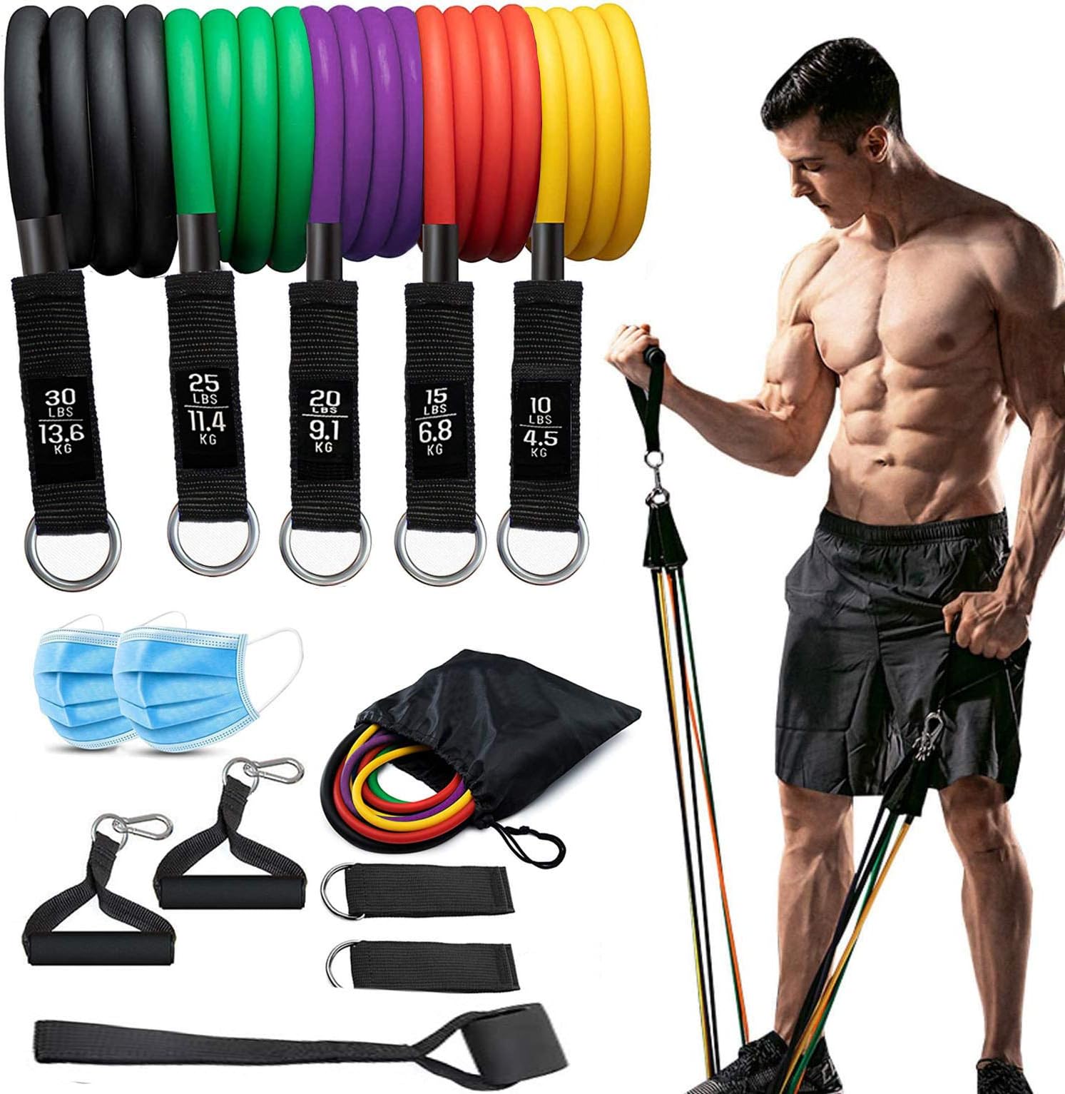 WUOJI Resistance Bands Set, Exercise Bands with Handles, Training Tubes with Door Anchor & Ankle Straps for Resistance Training, Physical Therapy, Home Workout, Yoga.