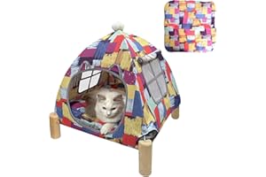 Pozico 2 in 1 Cat Bed Tent Wooden Frame Cat Teepee Cat Hammock, Quick Assembly and Disassembly, Portable Indoor/Outdoor Pet Dog Tent House for Cats Puppies Small Animals:Colorful Blocks Tent