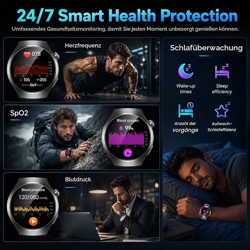 Smartwatch Herren EKG+𝐇𝐑𝐕 Blutdruck Herzfrequenz: Smart Watches Uhr Schwarz 1,43" Rund AMOLED Gesundheitsuhr 𝐄𝐂𝐆 Armbanduhr Wasserdicht Schrittzähler Telefonfunktion Fitnessuhr Uhren Android iOS — Foto 5 von 7