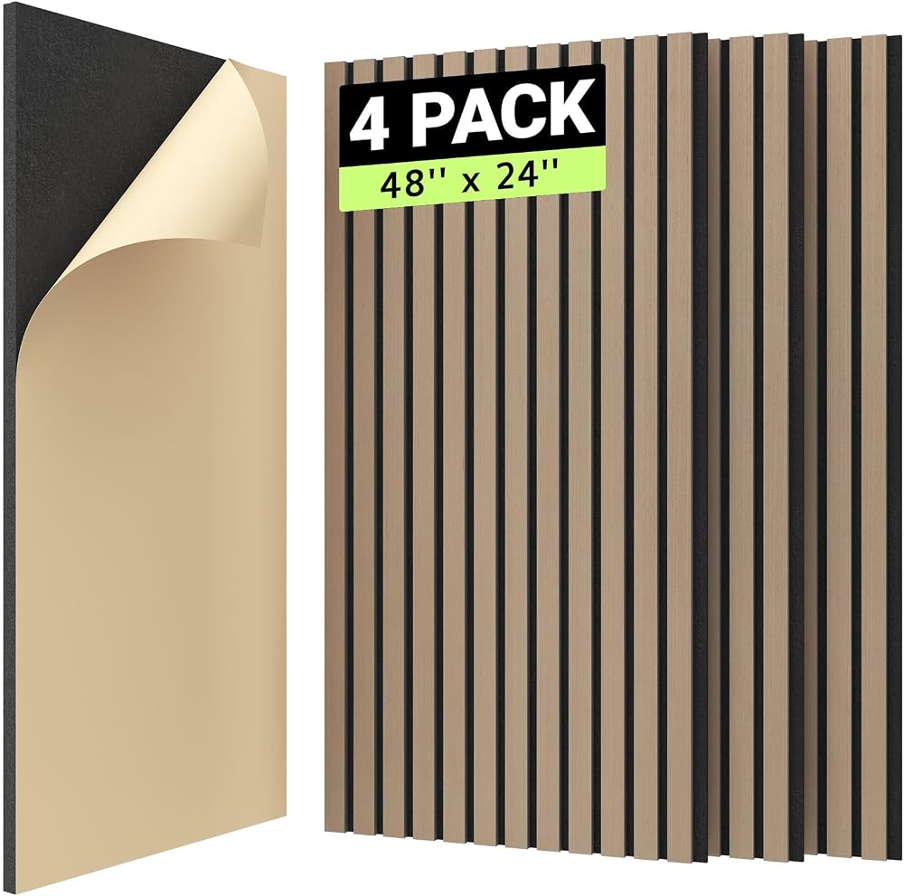 TONOR 4 Pack Wood Slat Panels 48x24x0.83 Adhesive Acoustic Panels Dark Walnut