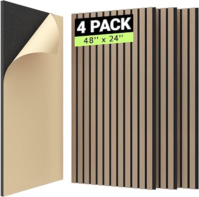 TONOR 4 Pack Wood Slat Panels 48x24x0.83 Adhesive Acoustic Panels Dark Walnut