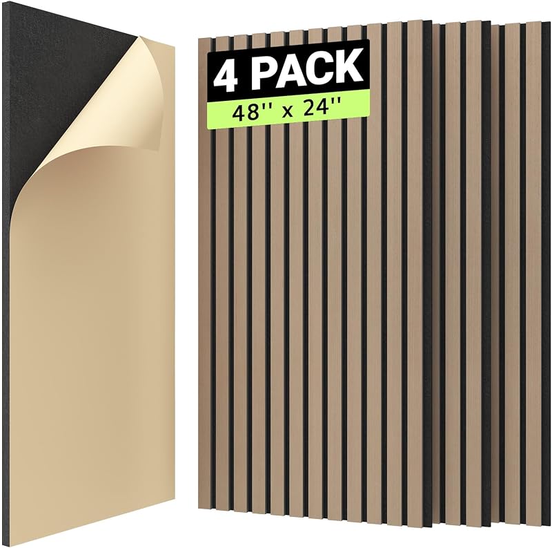 TONOR 4 Pack Wood Slat Panels 48x24x0.83 Adhesive Acoustic Panels Dark Walnut