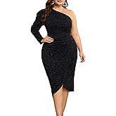 KIMCURVY Women Plus Size Cocktail Dress, Homecoming Wedding Dresses, Formal One Shoulder Sparkly Sequin Party, Ruched Bodycon