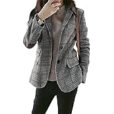 Leyoutx Women's Fashion Notched Lapel Wool Plaid Blazer Slim Long Sleeve Jacket with Elbow Patch
