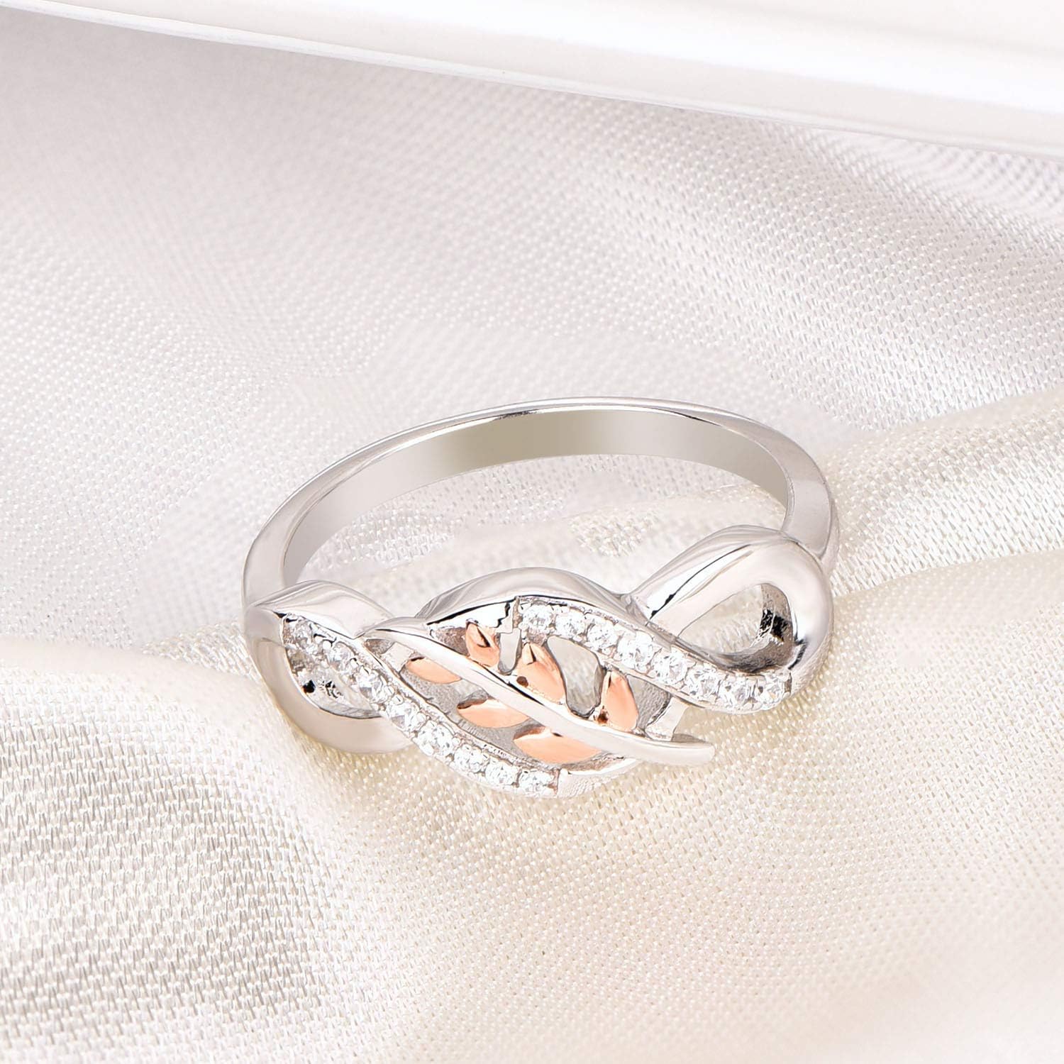 JO WISDOM 925 Sterling Silver Cubic Zirconia Rose Gold Leaf Infinity Knot Ring: Jewelry