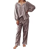 Flygo Womens Gingham Pajama Set 2 Piece Cotton Plaid Raglan Sleeve Button Top Straight Leg Pants Pjs Y2K Lounge Set Sleepwear