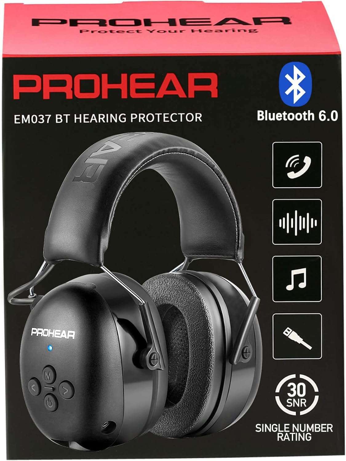 Photo 1 of PROHEAR 037 Bluetooth 6.0 Hearing Protection Headphones with Rechargeable 1500mAh Battery, 30dB SNR Safety Noise Reduction Ear Muffs 120H Playtime for Mowing, Workshops, Snowblowing - Black