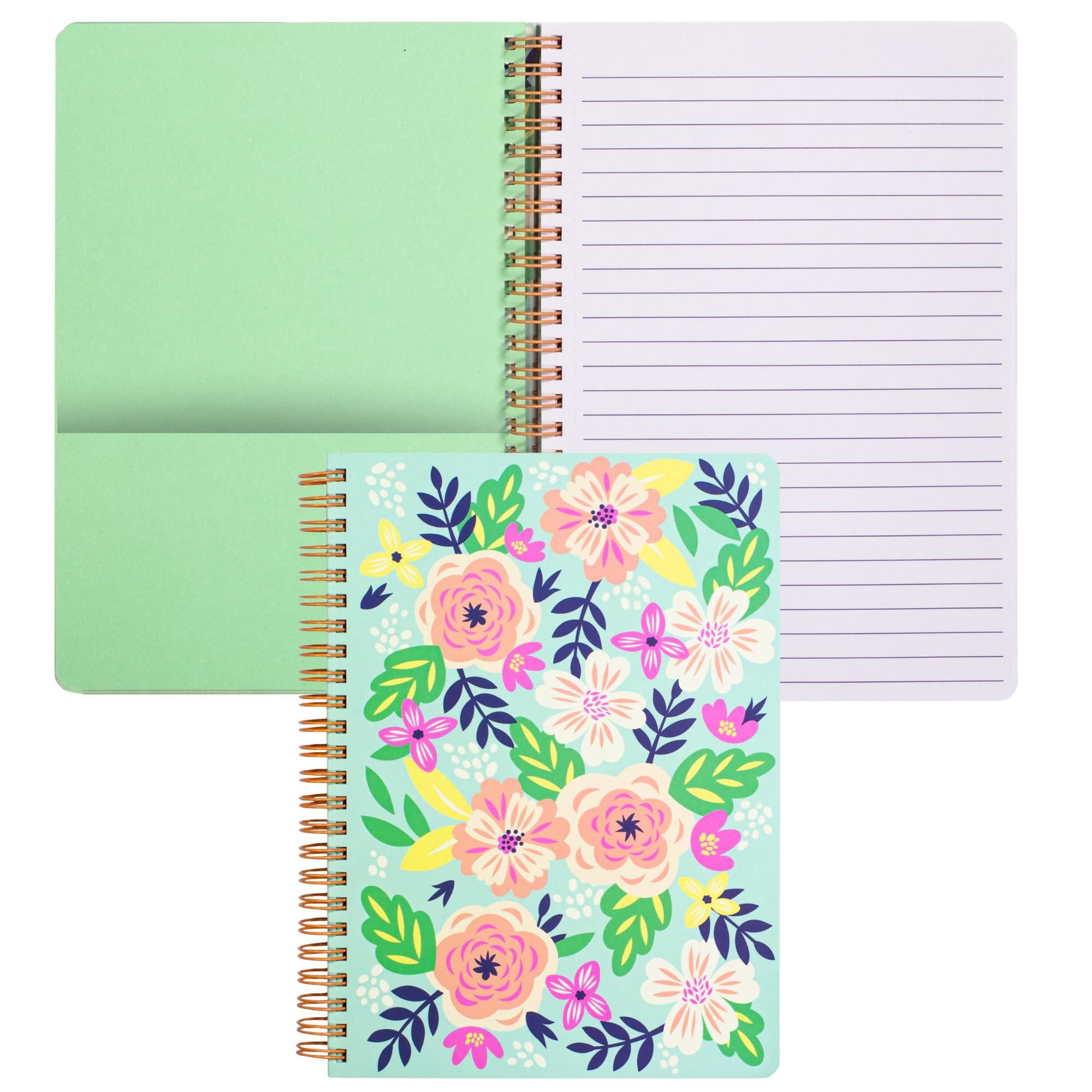 Steel Mill & Co Cute Green Mini Spiral Notebook, 8.25" x 6.25" Journal with Durable Hardcover and 160 Lined Pages, Mint Floral