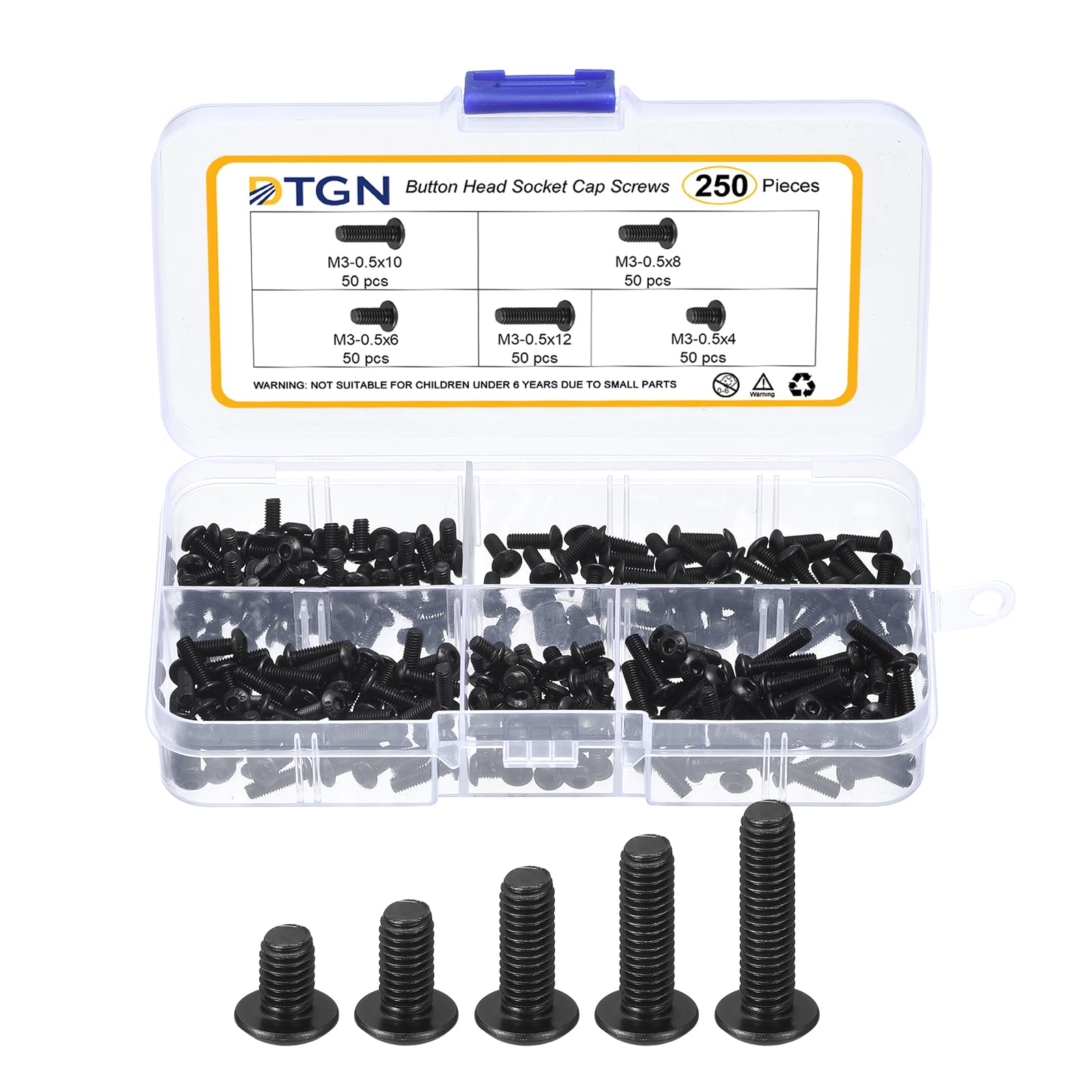 DTGN 250Pcs M3-0.5x4/6/8/10/12mm Button Head Socket Cap Screws - Carbon Steel Bolt Set Assortment Kit - Good for Road Bicycle, Mountain Bike, Auto