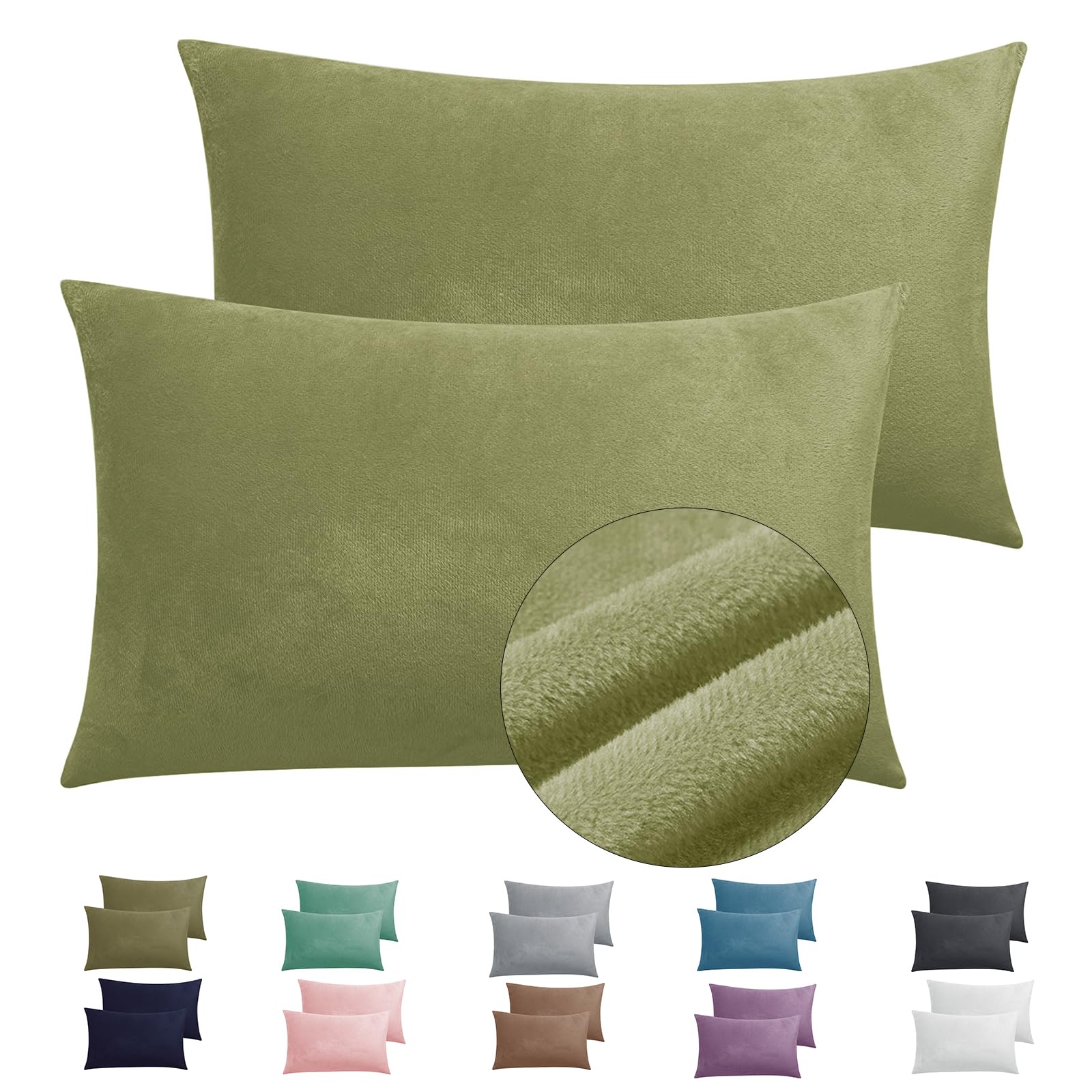 Photo 1 of 2 Pack Zippered Velvet Queen Pillowcases, Super Soft and Cozy Luxury Fuzzy Flannel Pillow Cases with Zipper, 20x30 Inches, Army Green