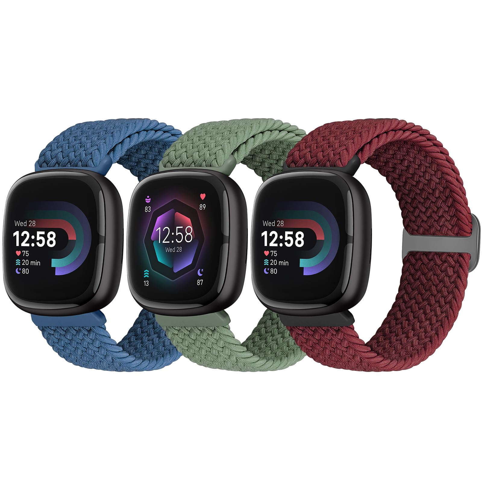 Yunshare Elastic Braided Solo Loop Band Compatible with Fitbit Versa 4/Fitbit Sense 2/Fitbit Versa 3/Fitbit Sense, Stretchy Straps Nylon Sport Wristband for Women Men, 3 Packs