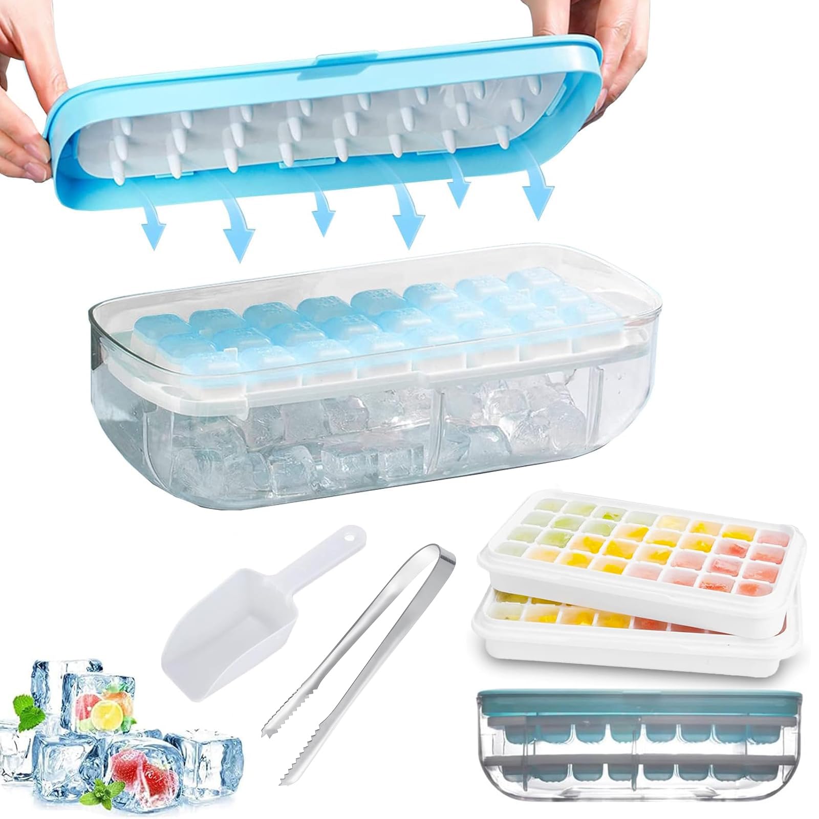 Norhogo Reusable Blue Two-Layer Set Ice Cube Trays for Freezer, Press Type Ice Cube Maker with Lid and Box Ice Cube Moulds Ice Cube Trays for Freezer, Comes with an ice Shovel and ice Cube Clip