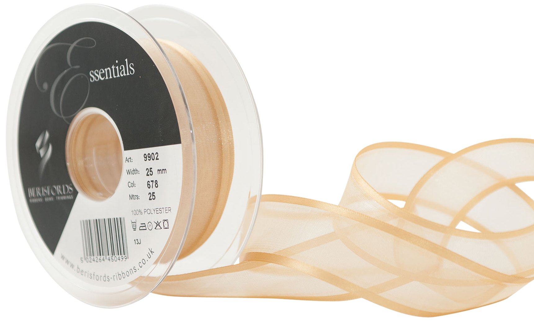 Berisfords 25 mm Sheer Elegance Ribbon, Honey Gold