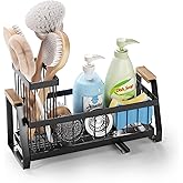 Sink Caddy Organizer with Wooden Handle & Self-Draining Tray, Trapezoid Kitchen Sponge Holder with Non-Slip Suction Cups , Organizer for Sponge, Brush, Soap Dispenser for Sink and Bathroom Countertop
