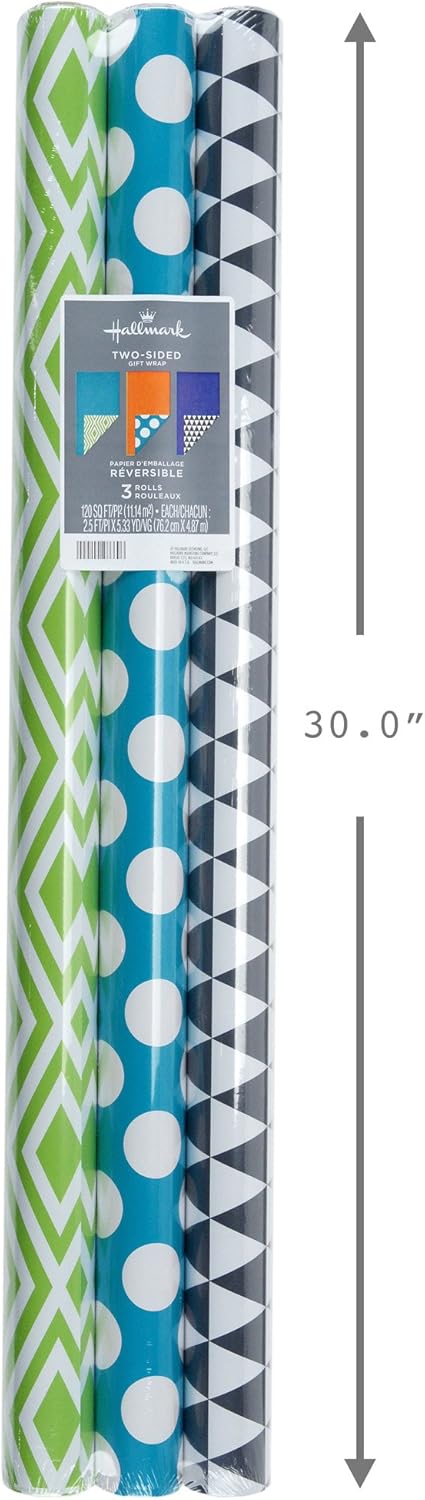 Hallmark Reversible Wrapping Paper, Brights - Green, Gray, Teal Prints & Orange, Blue, Purple Solids (Pack of 3, 120 sq. ft. ttl.) for Birthdays, Graduations, Father's Day, Baby Showers, Halloween: Kitchen & Dining