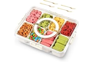 joyddo Divided Serving Tray with Lid and Handle,Snackle Box Container mit 8 Compartments Clear Serving Platters and Trays,Snack Platters for Veggie Fruits Tray, for Picnic Party Travel(with 4 Forks)