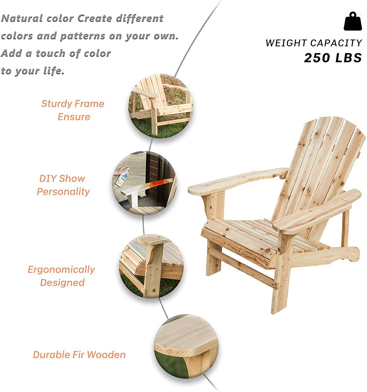 LOKATSE HOME Outdoor Wooden Adirondack Chairs Natural for Yard, Patio, Garden, Lawn: Garden & Outdoor