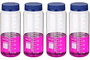 PATIKIL 4 Pack Reagent Media Storage Bottles, 1000ml Borosilicate Glass Wide Mouth Graduated Round Bottles with GL32 Blue Screw Cap for Lab Water Reagent Liquids, Clear