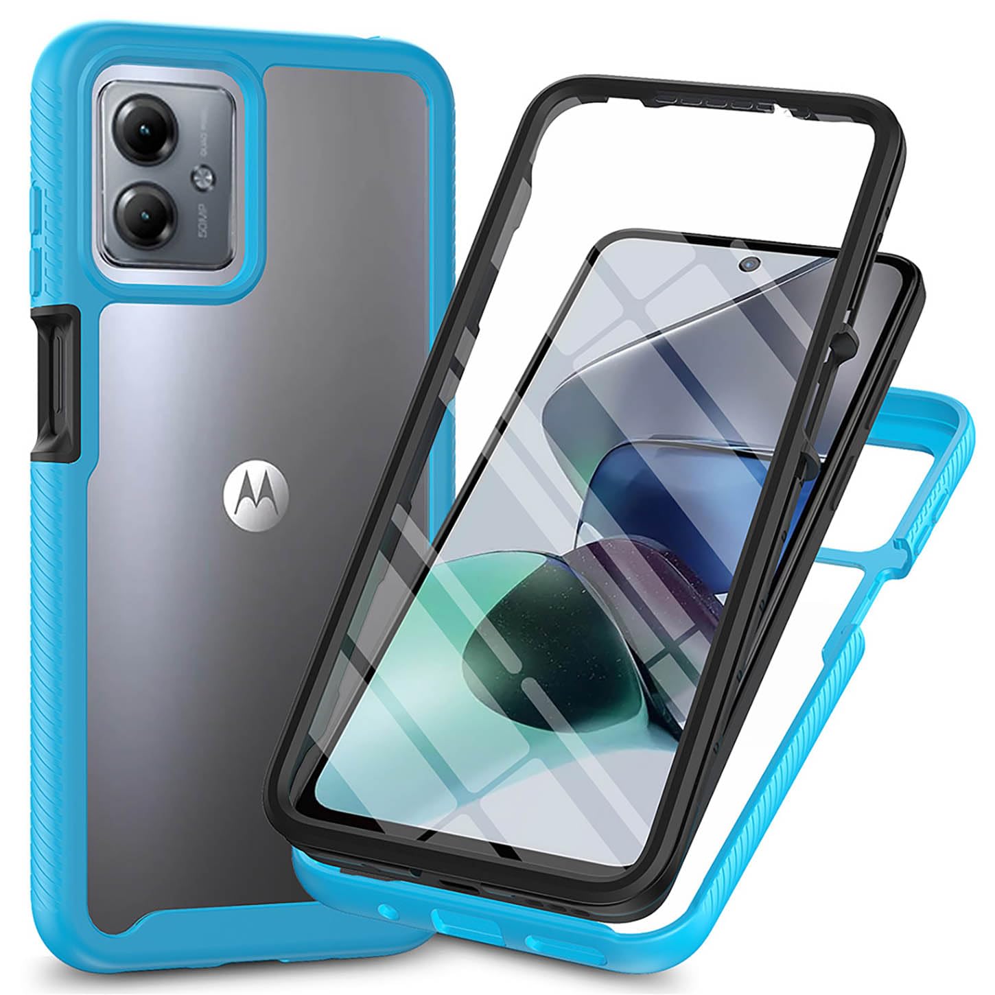 ILING Trasparente Case for Motorola Moto G54 5G, 360° Full Body Protection Cover with Built-in Screen Protector, Shockproof Hard PC + Silicone TPU Bumper Case Cover (Light Blue)