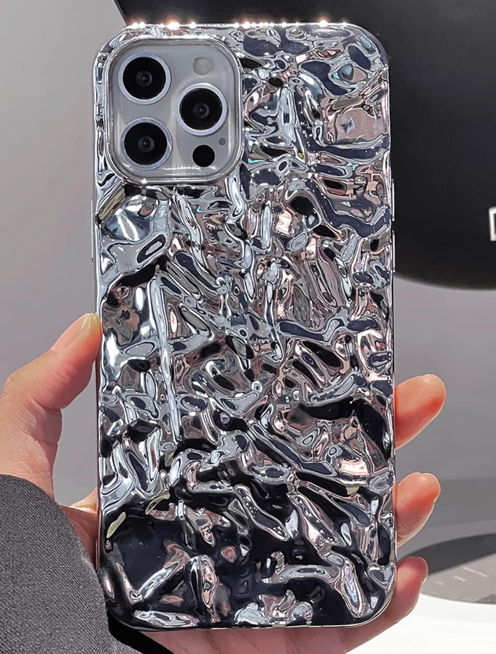 EYZUTAK Case for iPhone 14 Pro Max 6.7 inch, Luxury Bling Glitter Tin Foil 3D Pleats Design Phone Case Soft TPU Electroplated Sparkly Protective Slim Fit Shockproof Phone Case Cover - Silver