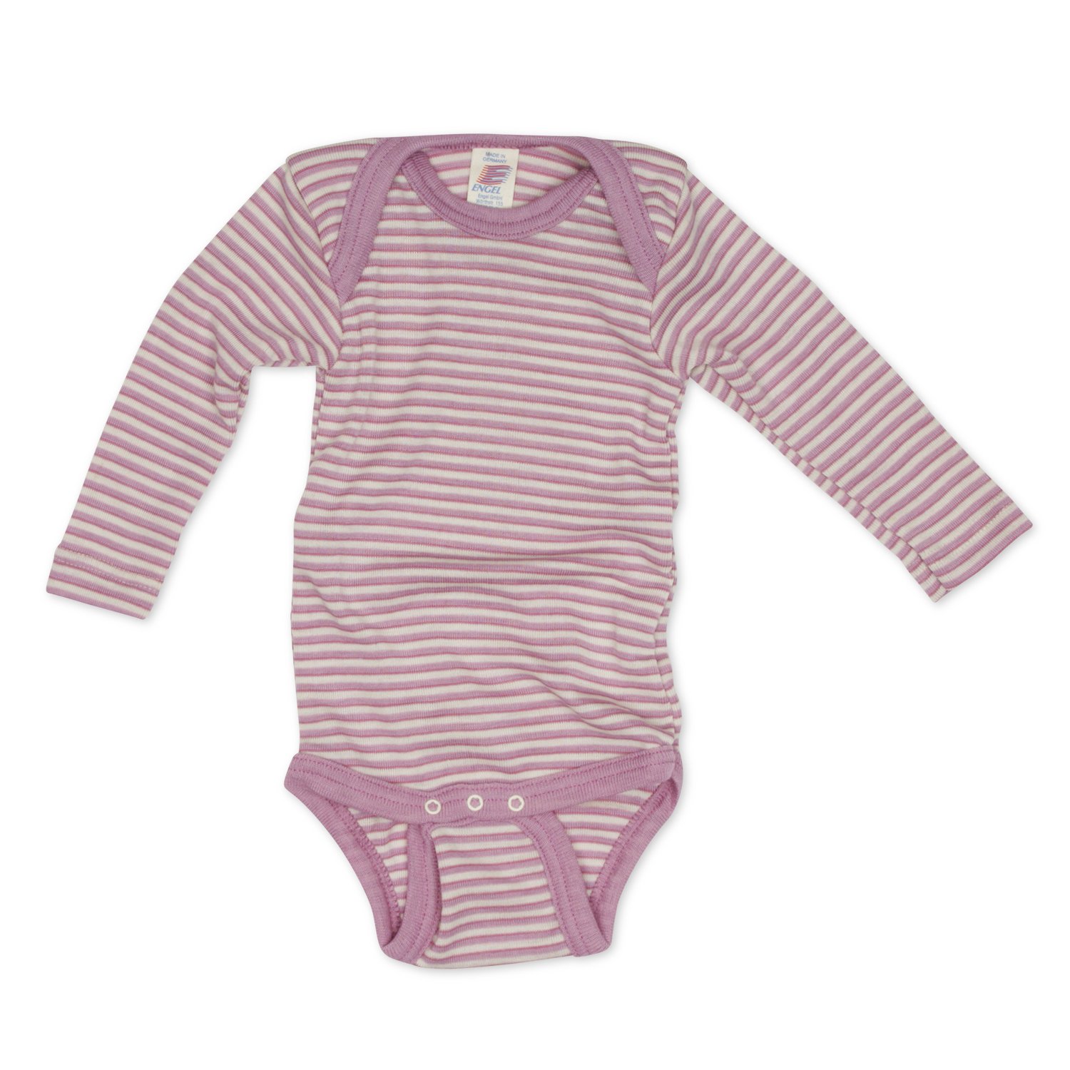 Organic Long Sleeved Baby Bodysuit in Merino Wool & Silk Liliac Stripe