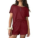 Ekouaer Womens Pajama Sets 2 Piece Ribbed Knit Pjs Short Sleeve Soft Sleepwear Summer Lounge Sets,Wine Red,M