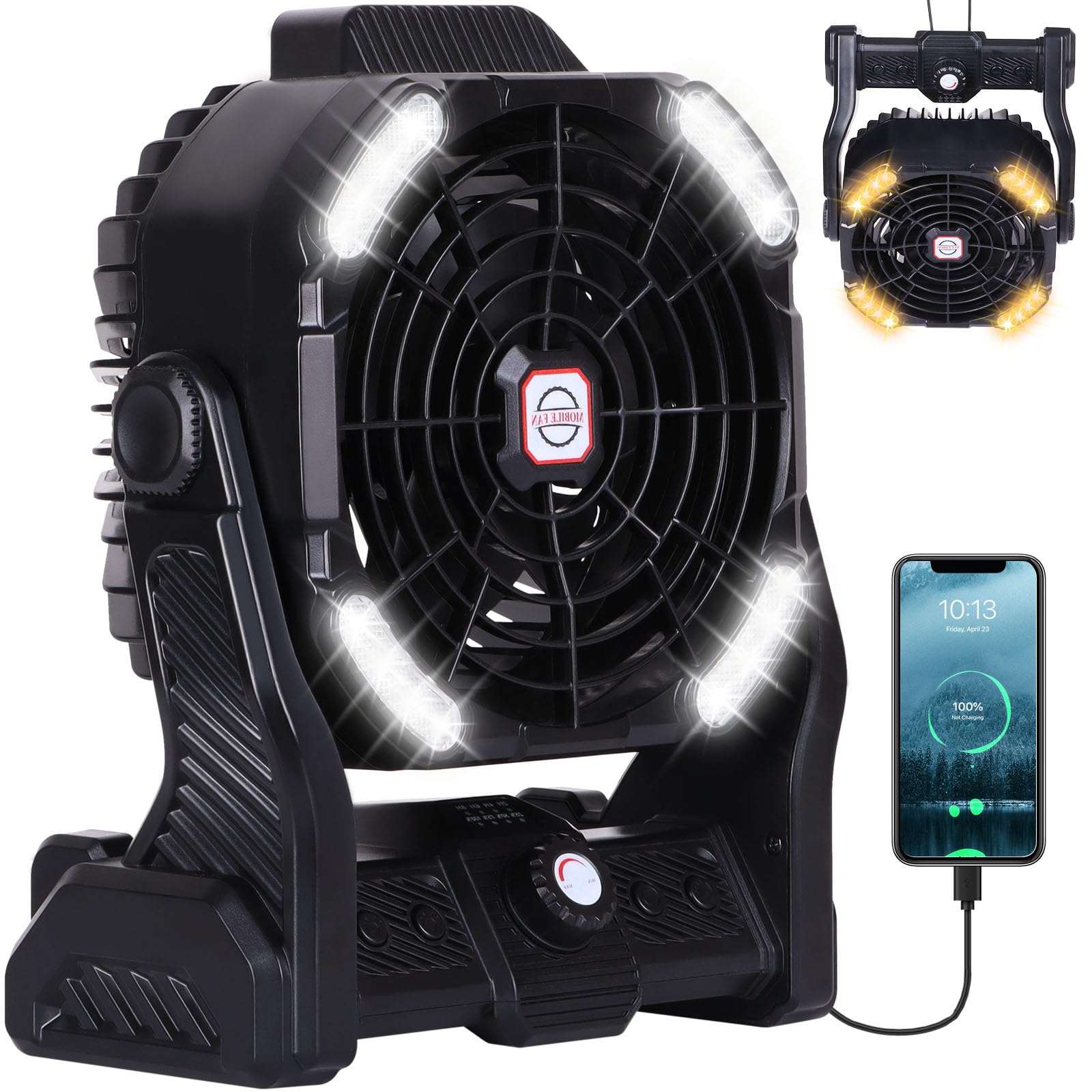 Battery Powered Fan,20000mAh Camping Essentials Rechargeable Cordless Camping Fan with LED Light & Hook，270° Pivot USB Table Battery Operated for Tent Black X26