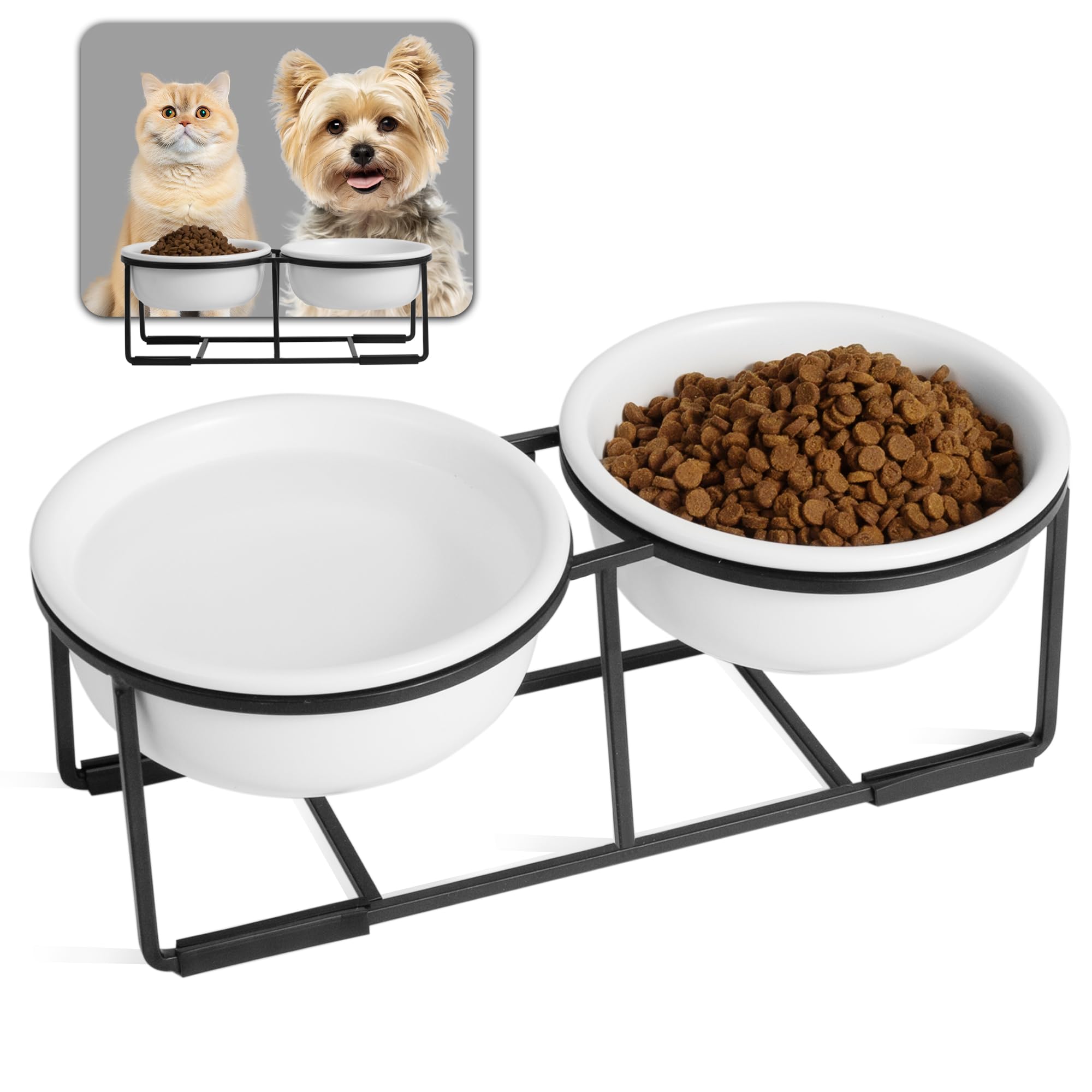 Photo 1 of Ceramic Elevated Dog Bowl Set - Double Dog Food and Water Bowls with Metal Stand - Raised Pet Dishes for Puppies and Cats - 1 Cup - 13.5 fl oz - Matte White
