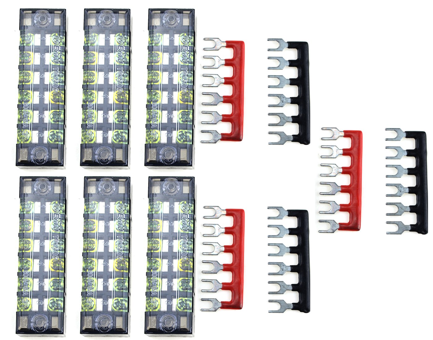 BGTXINGI 12pcs (6 Set) 600V 15A 6 Positions Double Row Screw Terminal Strip and 400V 15A 6 Positions Red/Black Pre-Insulated Terminal Barrier Strip