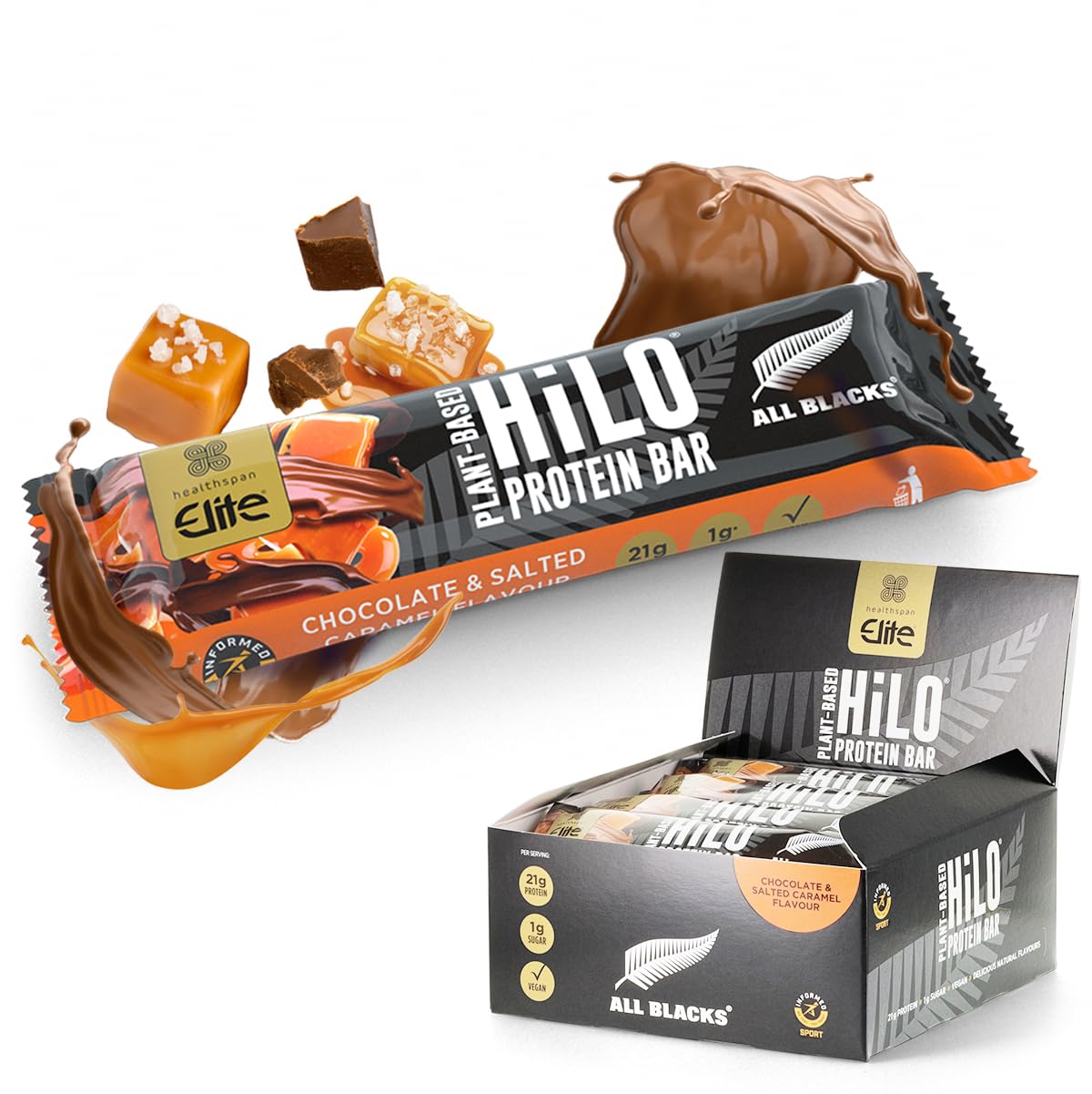 Healthspan Elite All Blacks Protein Bars (12 bars) | 21g Plant Based Protein | 7.8g Fibre | 1.1g Naturally Occurring Sugars | Informed Sport Accredited | Vegan (Chocolate & Salted Caramel)