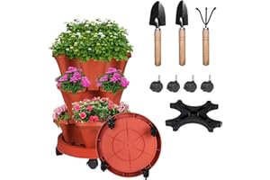 SUNFUNUSA 3 Tier Vertical Strawberry Planter-Tower Stackable Herb Planter Stacking Garden Planters Pot Outdoor with Tools Mover for Growing Flowers, Vegetables and Succulents, Clay Red