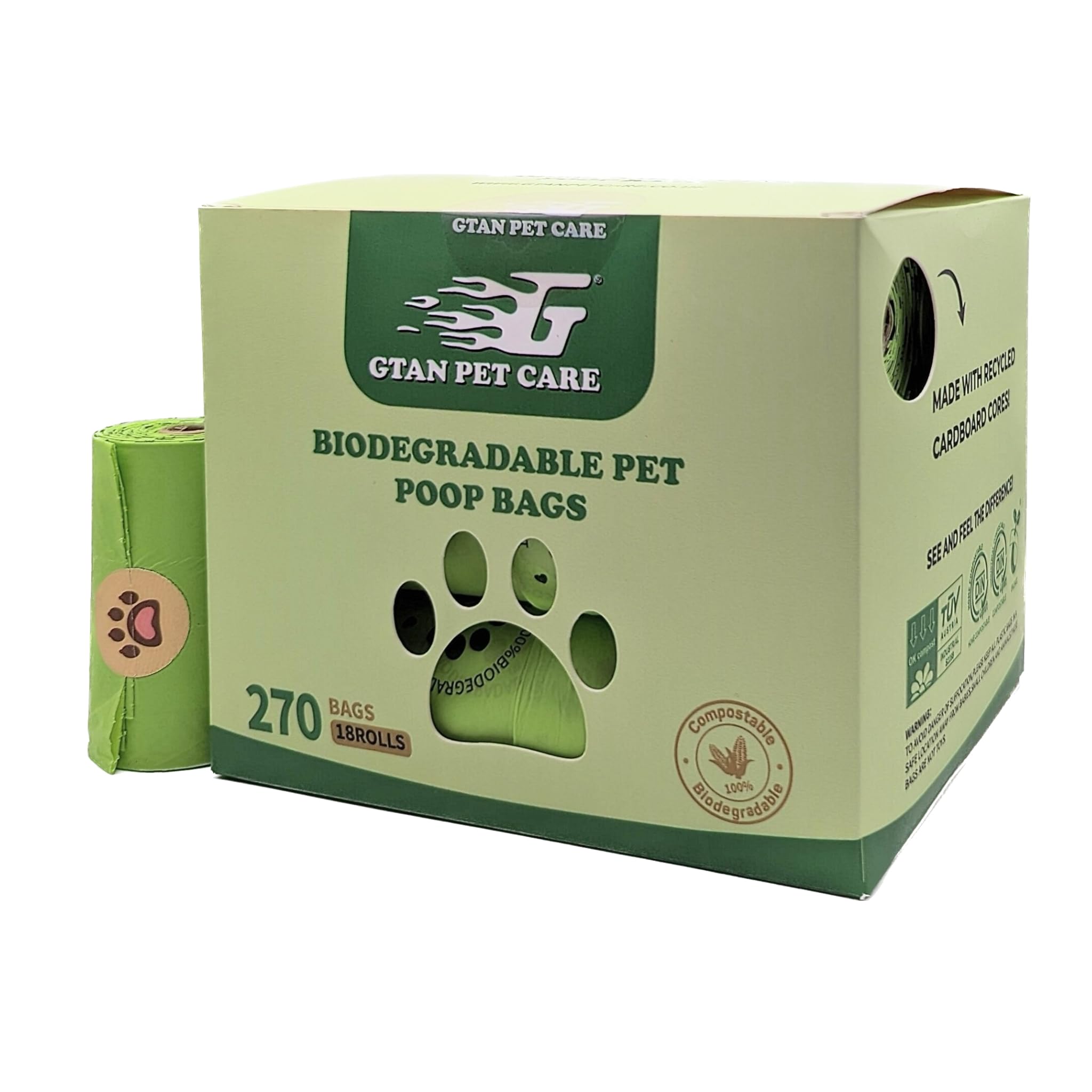 GTAN PET CARE - Compostable Dog Poo Bags with Dispenser, 270 Bags (UK Brand), Eco- Friendly Biodegradable and Easy-Remove Label, Mild Lavender Scented, 16μ thick and Leak Proof, 225 x 320mm