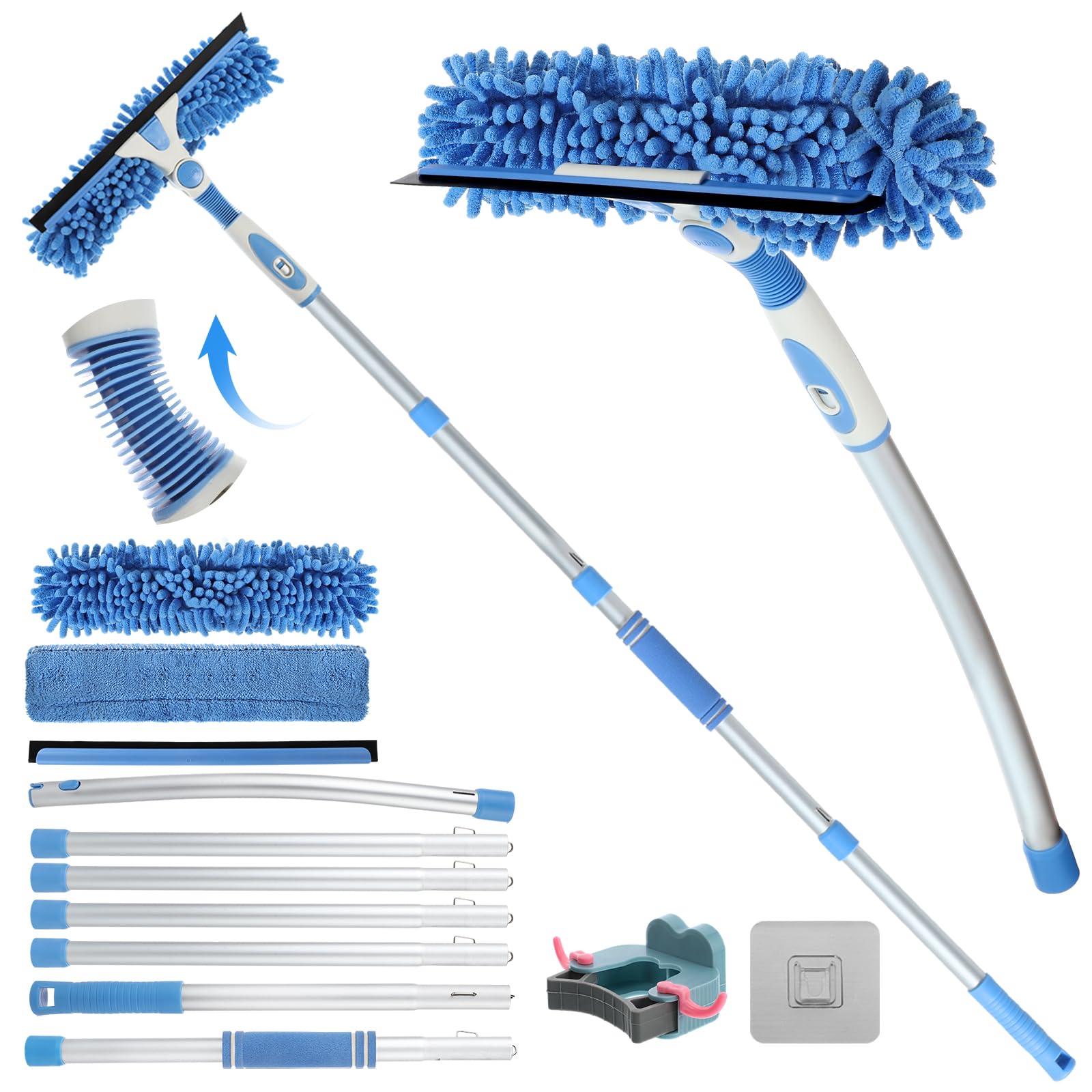105 Inch (2.66M) Window Squeegee Cleaning Equipment, 2 in 1 Window Cleaning Kit with 7 Extension Pole,Extendable Window Cleaner Tool with Bendable Head for Indoor Outdoor Windows Car Glass