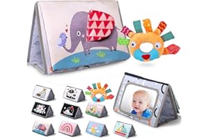 BLIPHANT Tummy Time Book with Baby Safe Mirror and Lovely Rattle, Perfect Baby Toys Set for 0-3 6 12 Months, Fun High Contrast Montessori Toys w/Black and White Patterns for Early Newborn/Infant Development