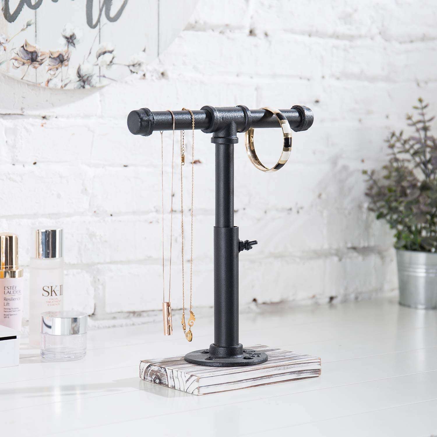 MyGift Industrial Pipe Black Metal T-Bar Adjustable Height Jewelry, Bracelet & Necklace Display Stand with Torched Wood Base