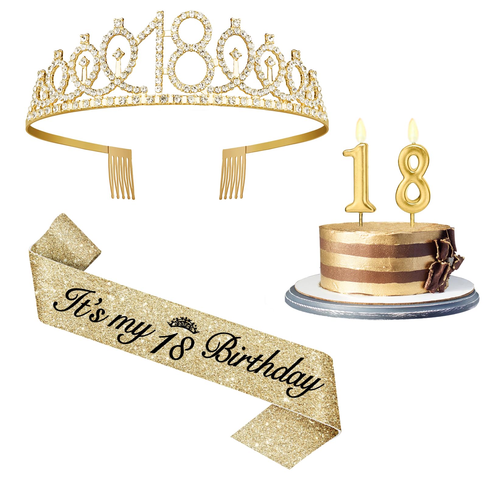 Photo 1 of 18th Birthday Decorations for Girls with 18th Birthday Sash and Tiara Gold, 18 Candles Gold, 18 Year Old Gifts for Girls