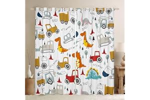 FEELYOU Construction Curtains for Bedroom Kids Cartoon Dinosaur 30%-50% Blackout Curtains Equipment Trucks Darkening Dreapes Construction Vehicles Kawaii Jungle Dino Window Treatments (2 Panels, 52 x 90 Inch)
