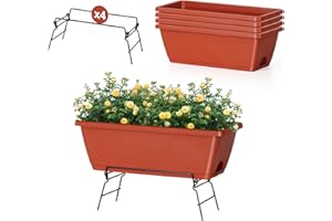 FOGEIN 4 Pack 17 Inch Window Boxes Planters with Plant Stand, Flower Window Box with Drainage Tray Plastic Flower Herb Planters for Outdoor Indoor Plants, Boxes Planters with Metal Plant Stand for Patio