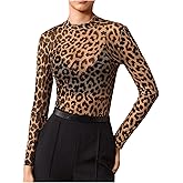 Floerns Women's Leopard Print Sheer Mesh Long Sleeve Tee Shirts Without Bra