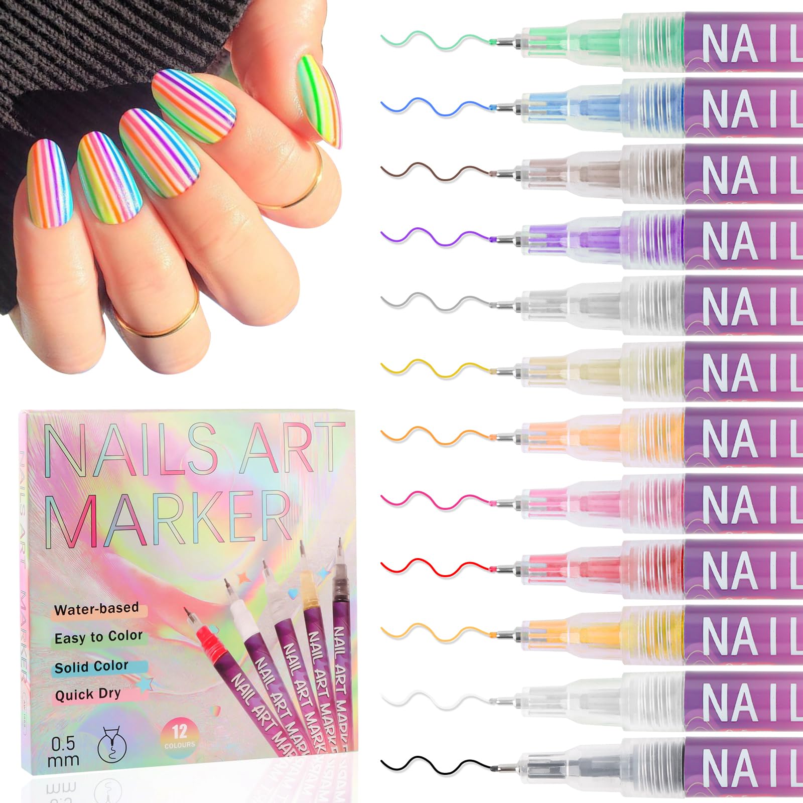 Photo 1 of 12 Colors 3D Nail Art Pens, Fine Tips 0.5 MM Nail Polish Pens Quick-Drying EBANKU Acrylic Nail Paint Point Dotting Liner Pen Tools for Home & Salon Manicure DIY